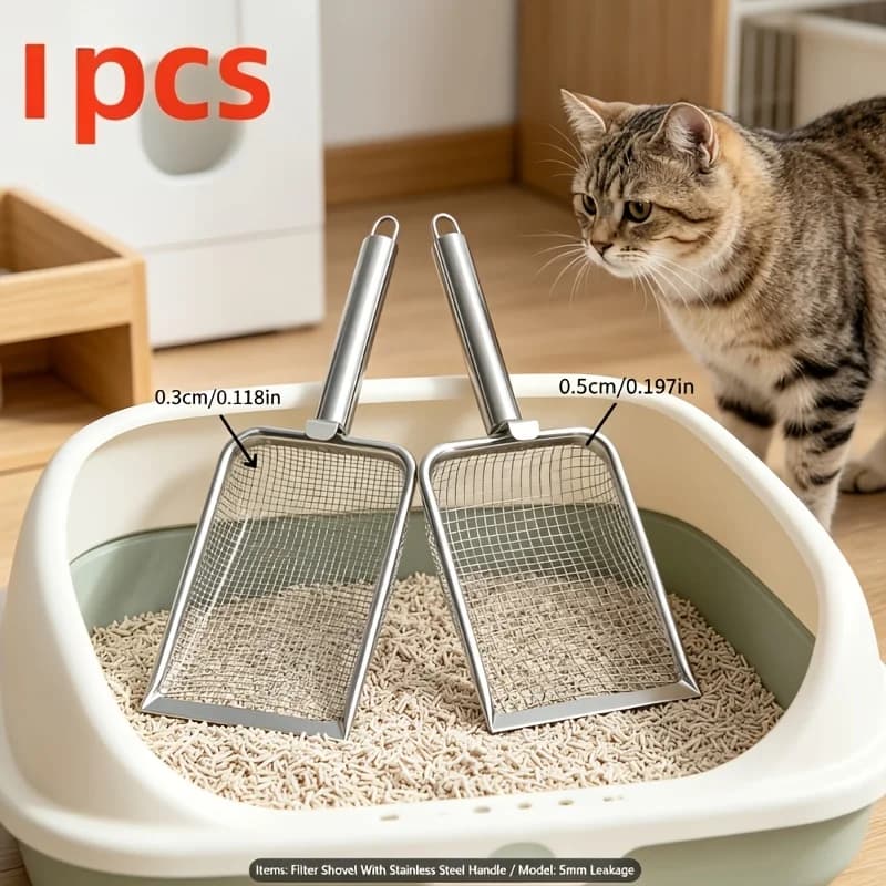 A Stainless Steel Cat Litter Scoop with A Fine-mesh Handle, Durable and Long-lasting. Suitable for Cats, Two Different-sized
