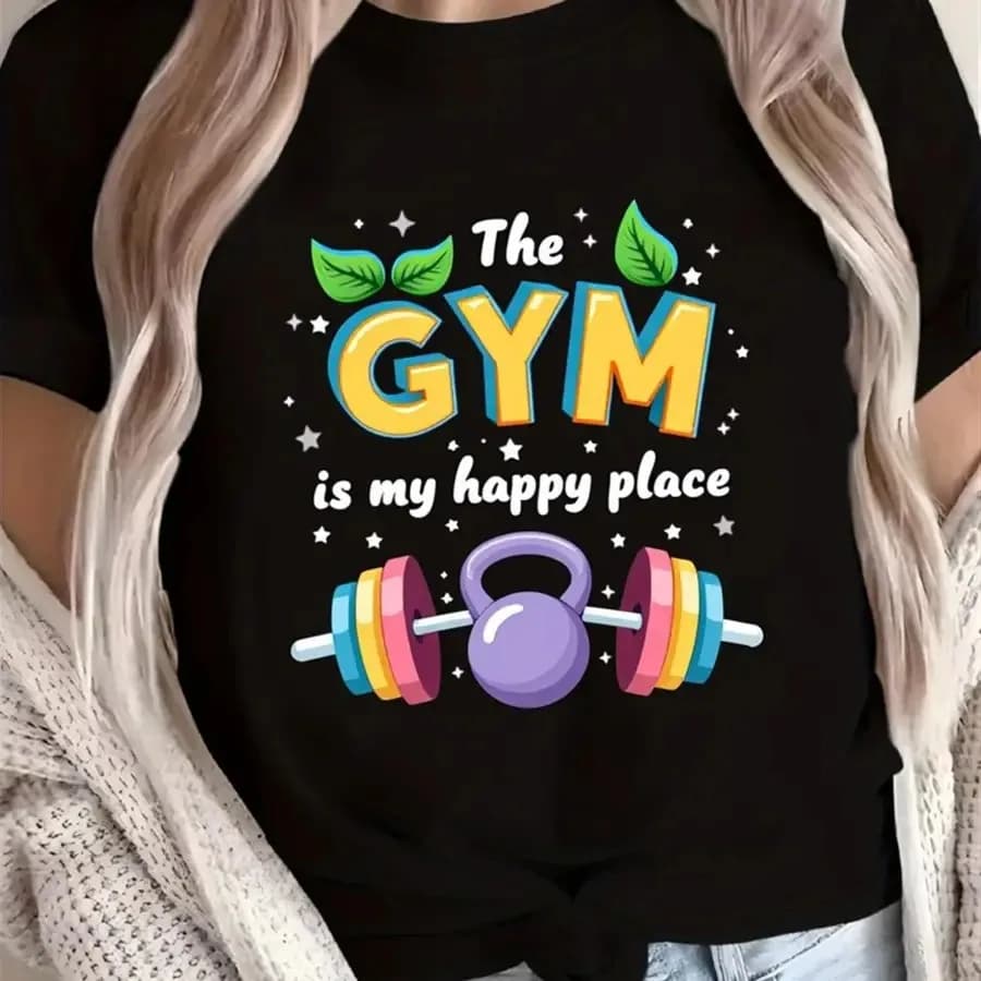 The Gym Is My Happy Place T-shirt with colored graphics of handlebars and kettlebells, short sleeve casual shirt for fitness enthusiasts
