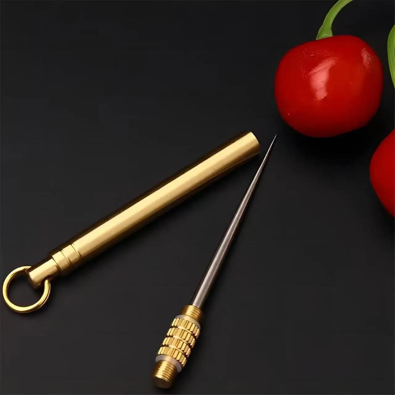 Multifunctional brass single-piece studs, key rings with fruit, dental cleaning wonder, portable card collection needle