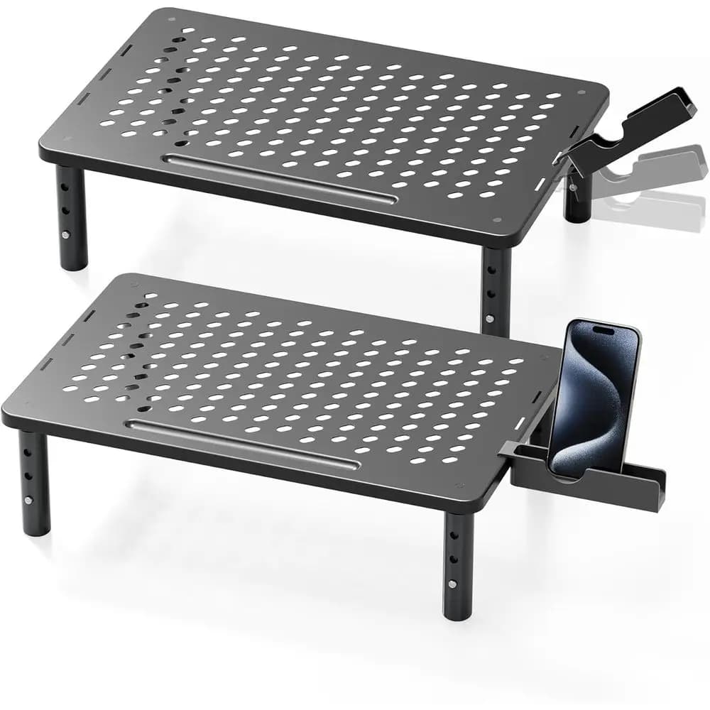 2-Pack Adjustable Metal Monitor Stands with Printer Holder, Desk Organizers for PC, Laptop, and TV