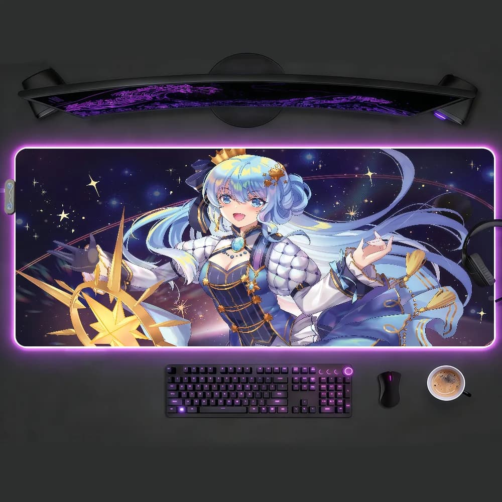 Hoshimachi Suisei Mouse Pad RGB LED Tappetino da scrivania antiscivolo Accessori da gioco in gomma Tappetino per tastiera da ufficio per computer di grandi dimensioni