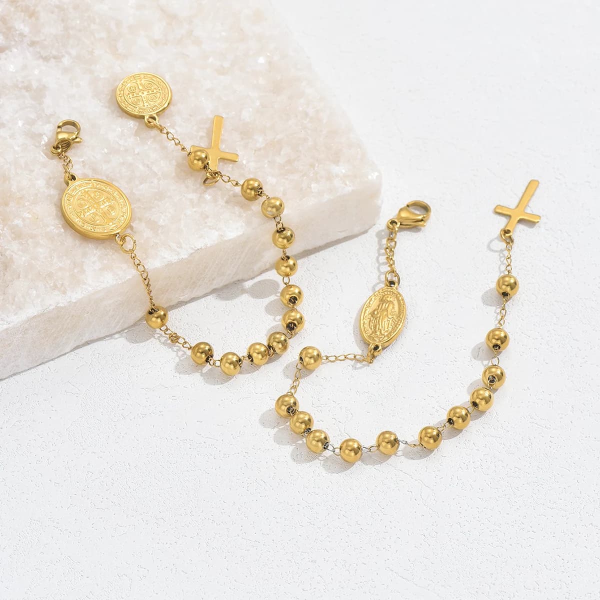 S21 Stainless Steel Gold-Plated Bracelet with Cross and Medallion - Religious Jewelry for Women and Men