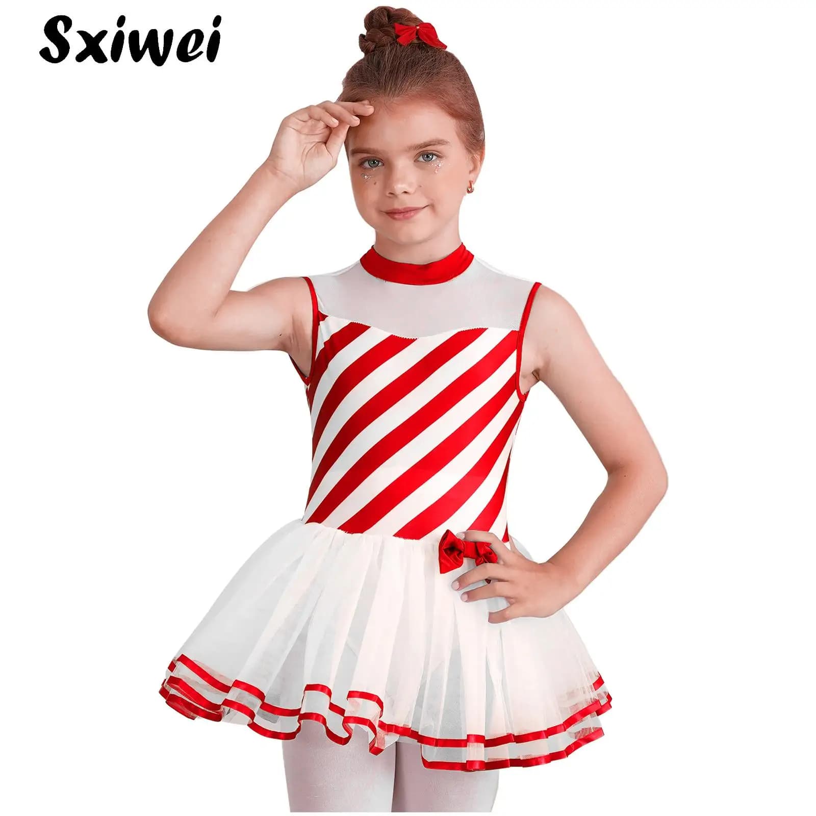 Bambini Ragazze Canna di Caramella A Righe Giogo Nastro Tutu di Balletto Vestito Da Ballo Bowknot A Righe Maglia Tutu Vestito di Pattinaggio di Figura Body
