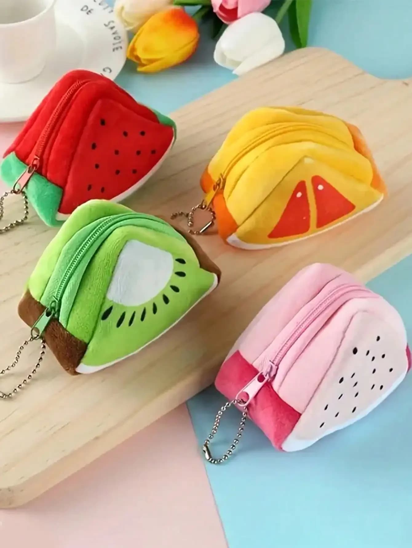 1 pz Borsa Portamonete Creativa in Peluche a Forma di Frutta Triangolare, Porta Monete e Chiavi, Mini Portafoglio da Donna, Portamonete Autunnale
