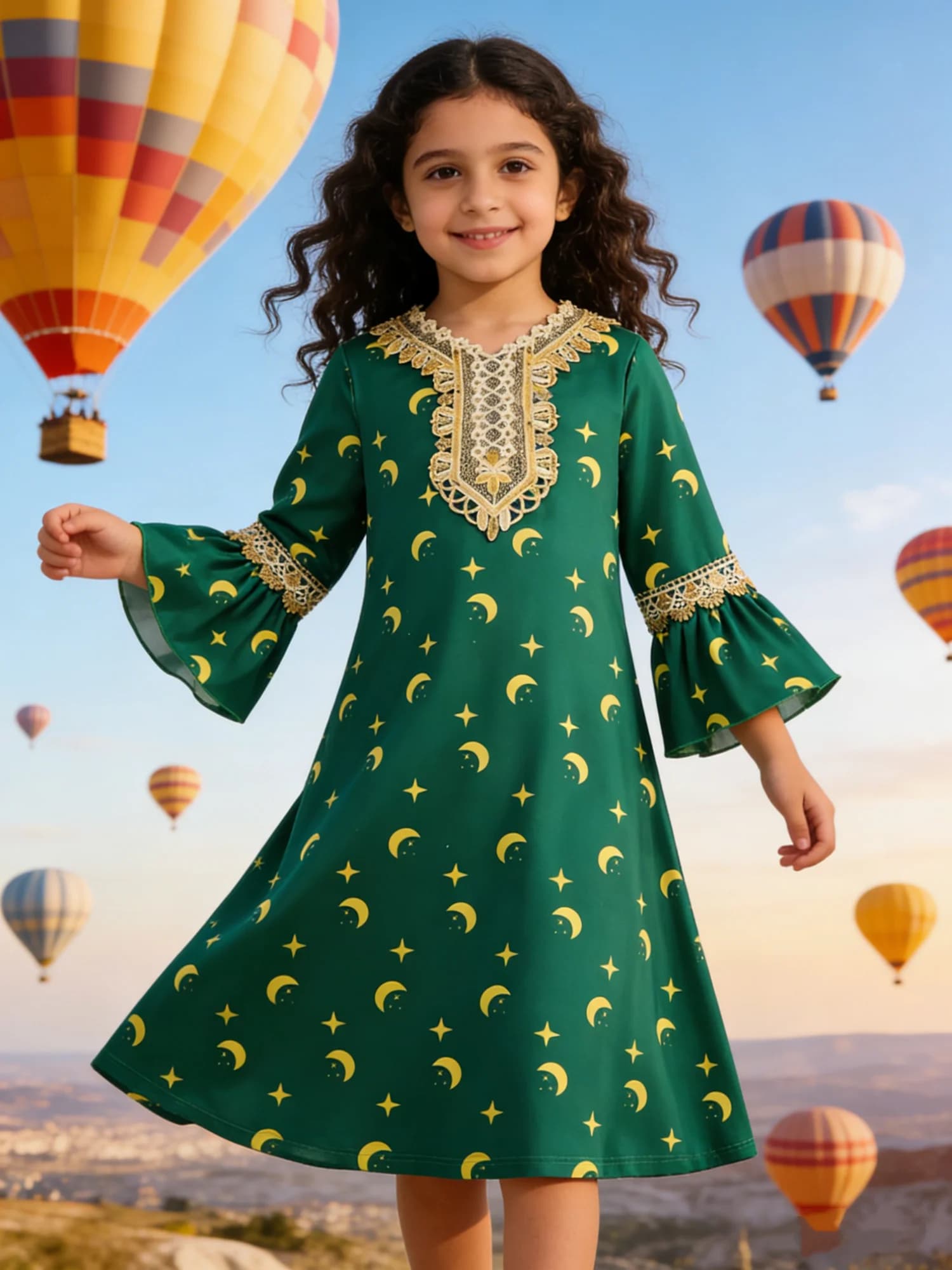 Green Girls' Casual Dress, Featuring Moon Print With Gold Trim, Double-Layer Blue Mesh Skirt Purim Festival Daily Travel