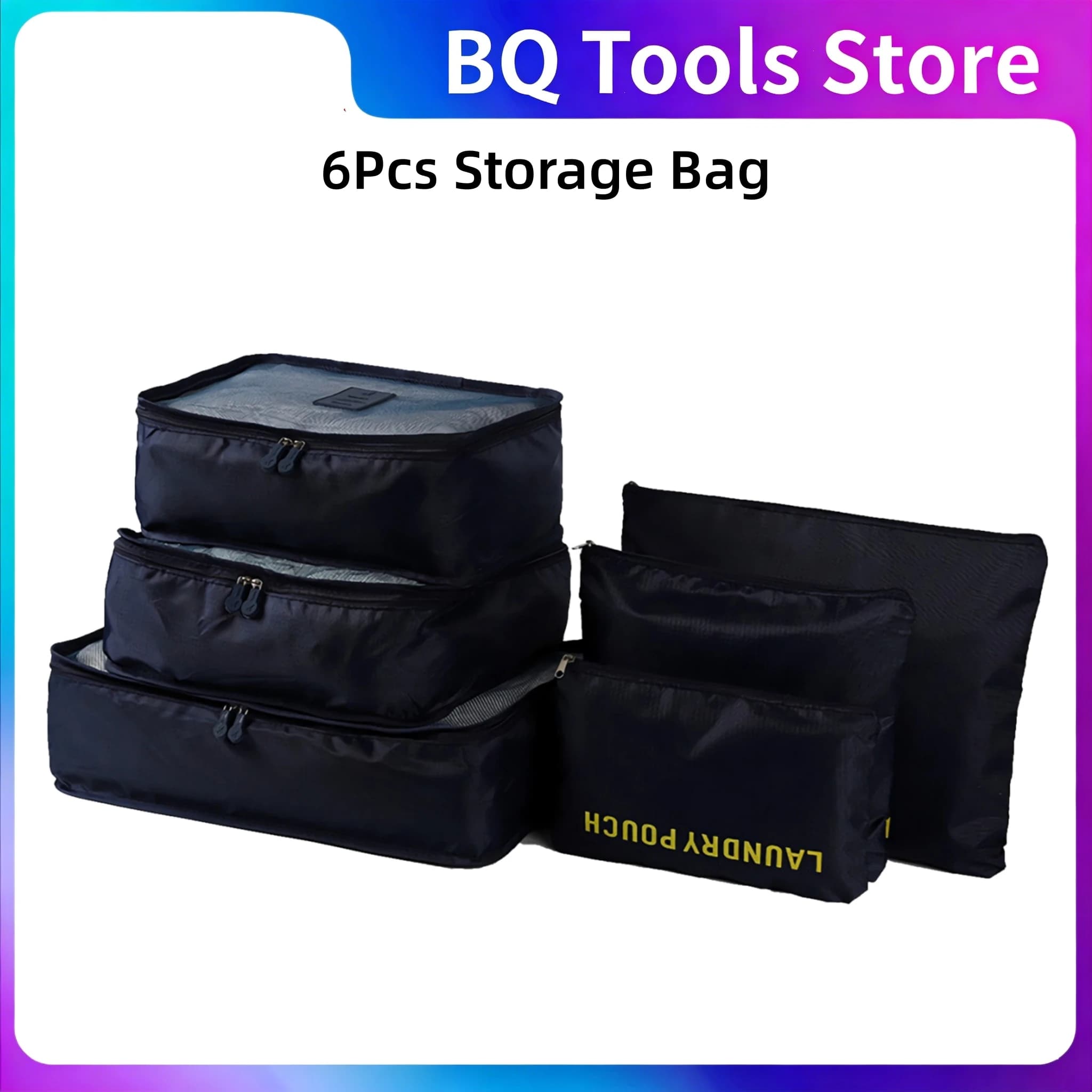 6Pcs Storage Bag Nylon Fabric Travel Packing Cubes Double Zipper Stitching Lightweight Luggage Organizers Bags Set Black