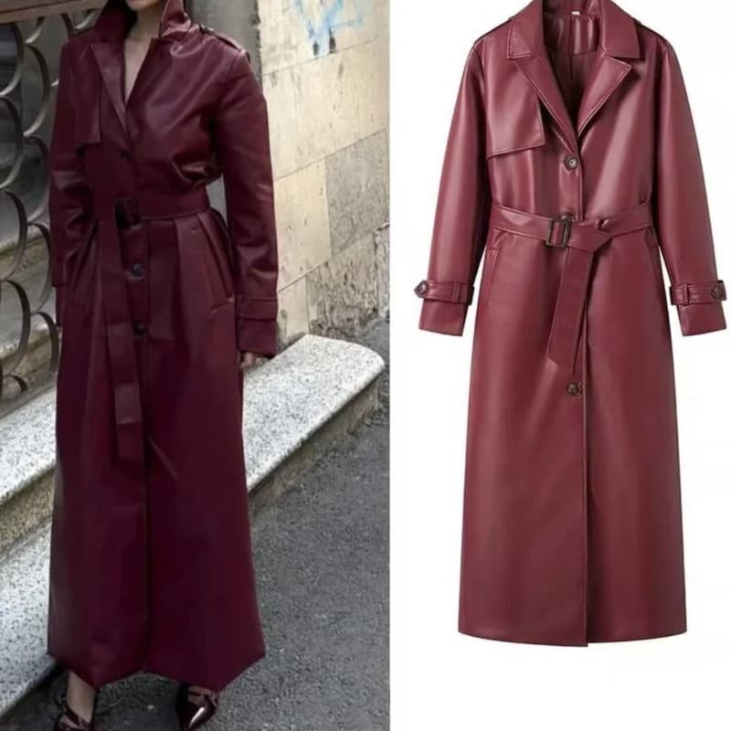 Cappotto da donna in pelle PU moda con cintura Autunno Inverno 2025 Giacca a vento lunga allentata Trench Tasche vintage Capispalla femminile