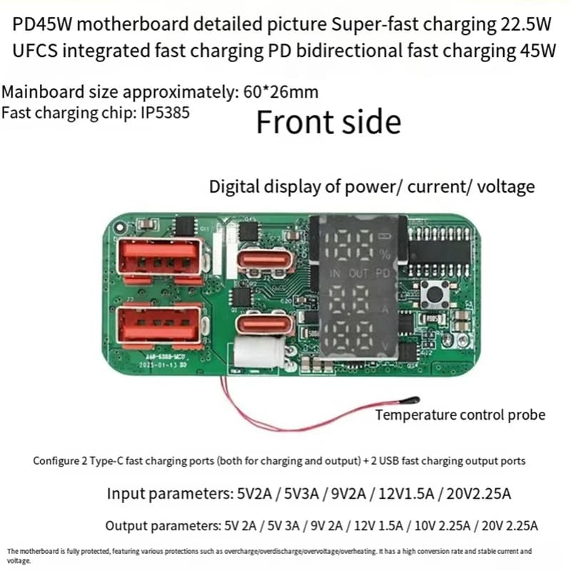 Scheda madre Power Bank a ricarica rapida bidirezionale PD45W 3S con protezione della batteria Display a LED Modulo di ricarica fai-da-te