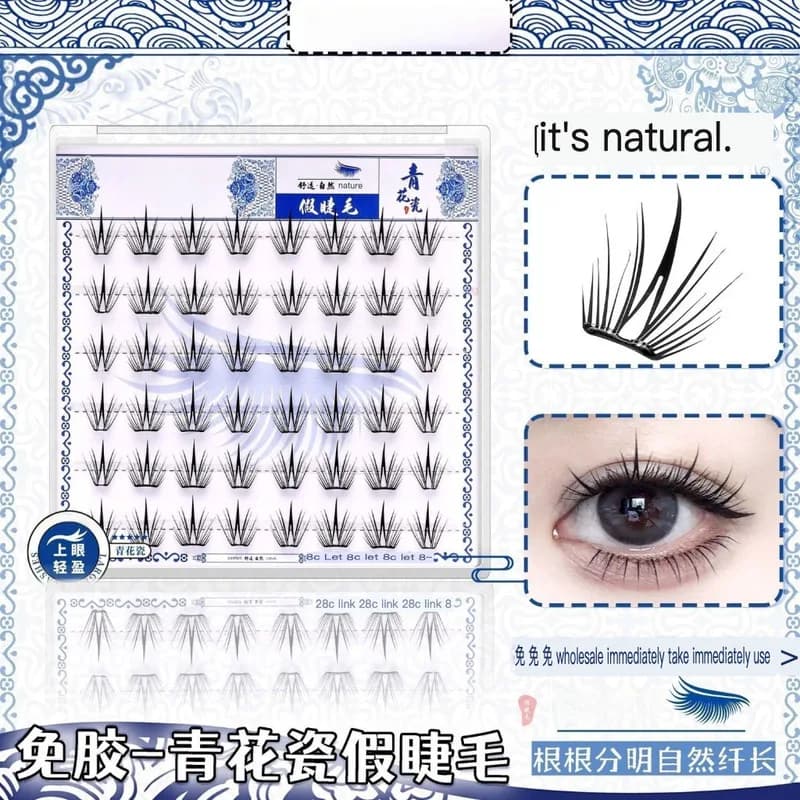 The new style of the 2025 fake self-adhesive lashes in white and blue porcelain with natural curling and comic motifs