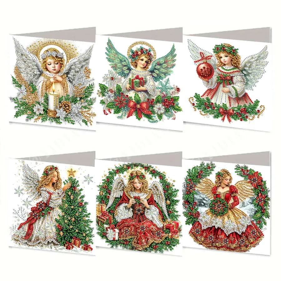 Kit di biglietti d'auguri con pittura diamante da 6 pezzi, biglietti di auguri natalizi fatti a mano con angelo fai-da-te