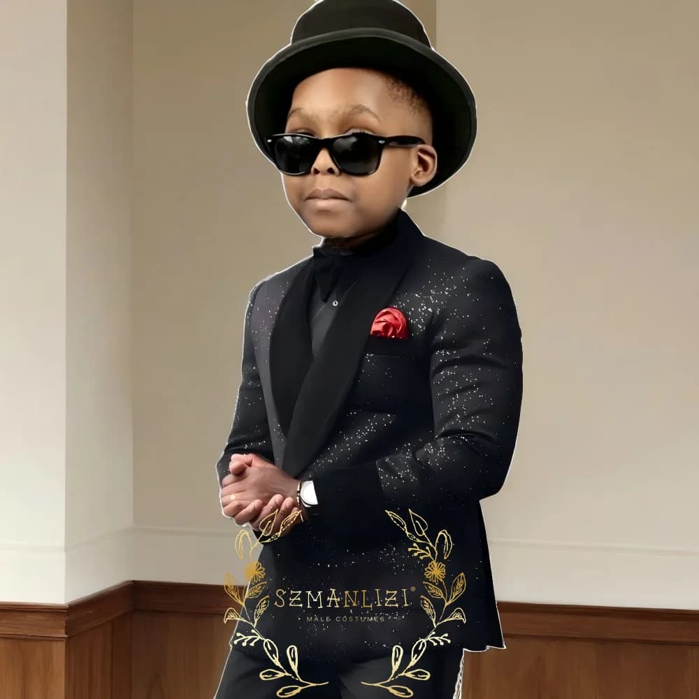 Shiny Black Boys Suit Double Breasted Jacket Pants 2 Piece Set Business Style Formal Wedding Tuxedo Custom Size Blazer Kids