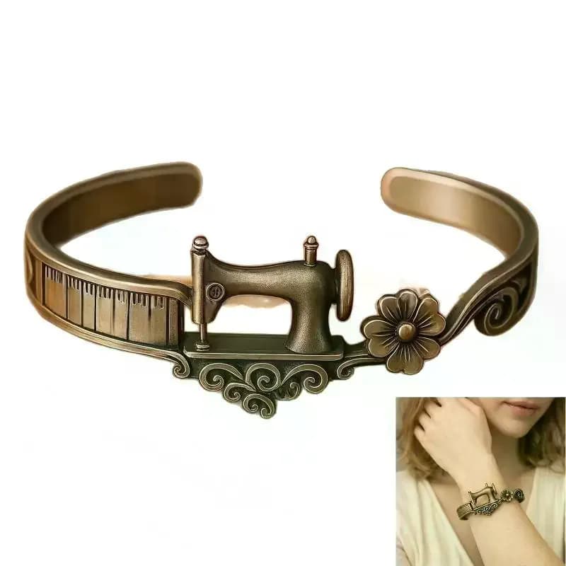 Braccialetto a tema macchina da cucire, dettaglio nastro metrico vintage, gioiello regolabile, regalo per gli amanti della cucito