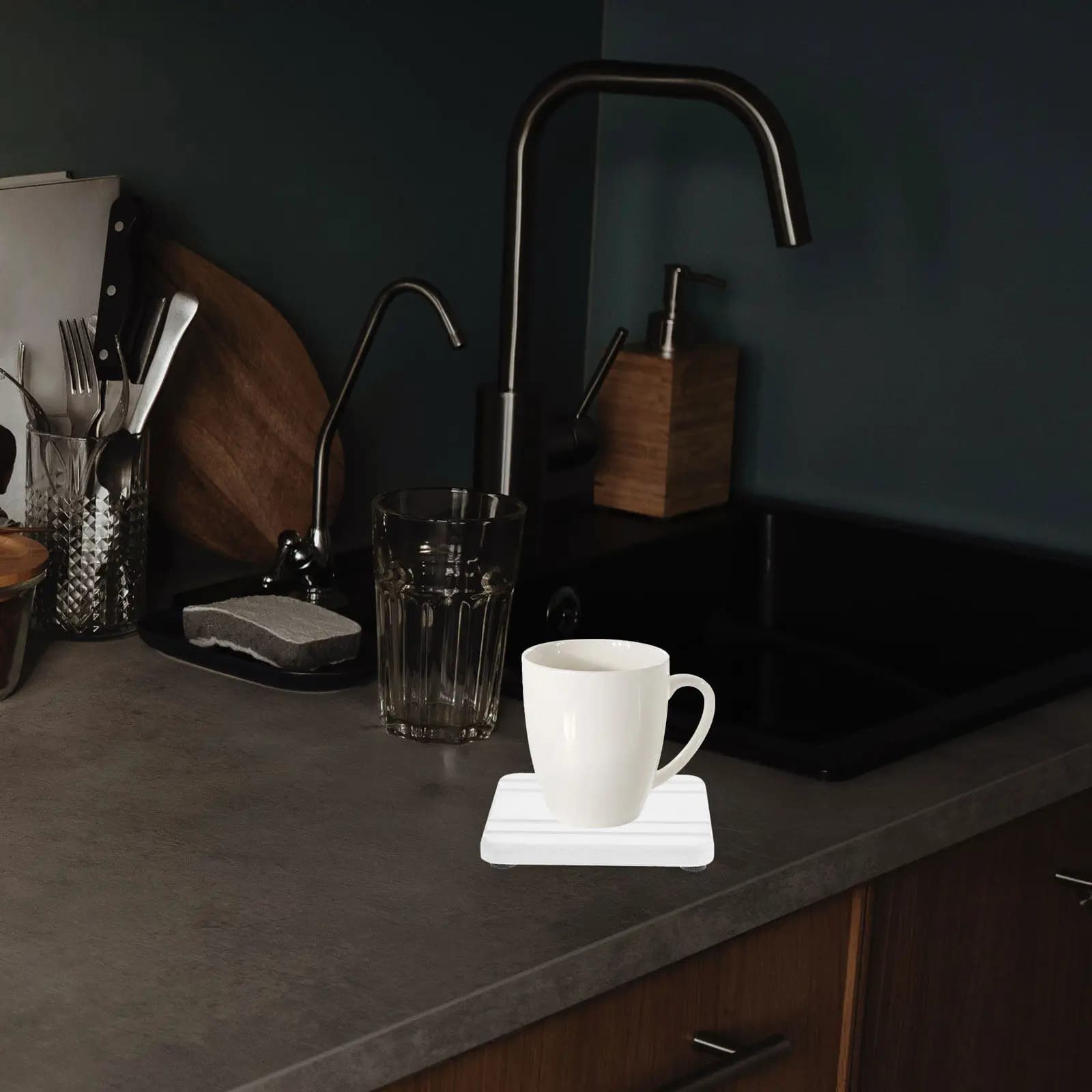 Set di 3 Sottobicchieri in Pietra ad Alto Assorbimento e Asciugatura Rapida, Organizzatore per Lavello, Dispenser Sapone, Porta Spugna per Bagno