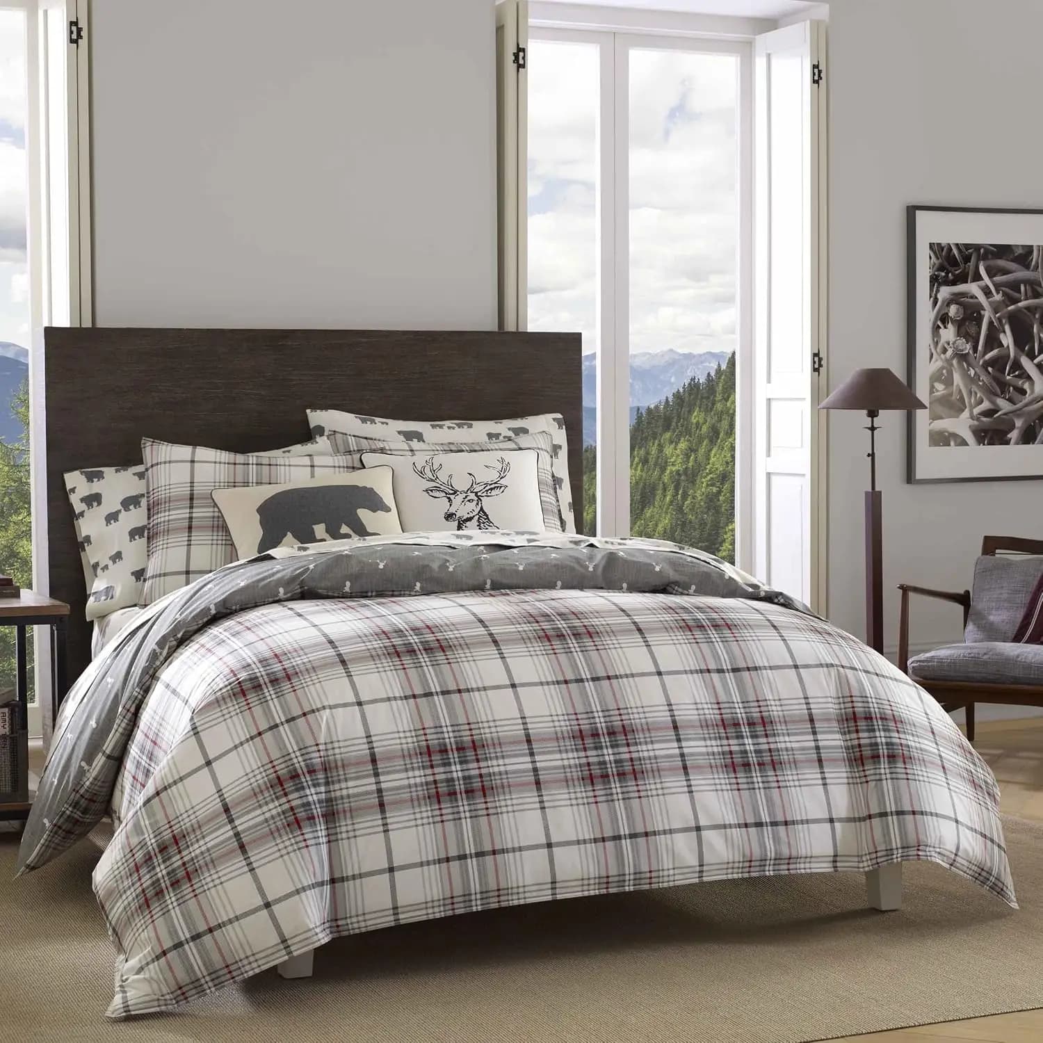 King Duvet Cover Set, 100% Cotton Percale Bedding, 3-Piece Plaid Set with Pillowcases, Grey/Red