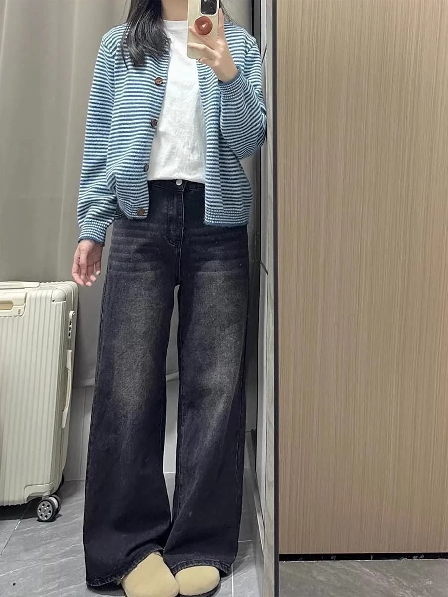 Retro High Waist Wide Leg Jeans Women's Spring New plus Size Fat MM Long Draping Straight Leg Floor-Length Pants