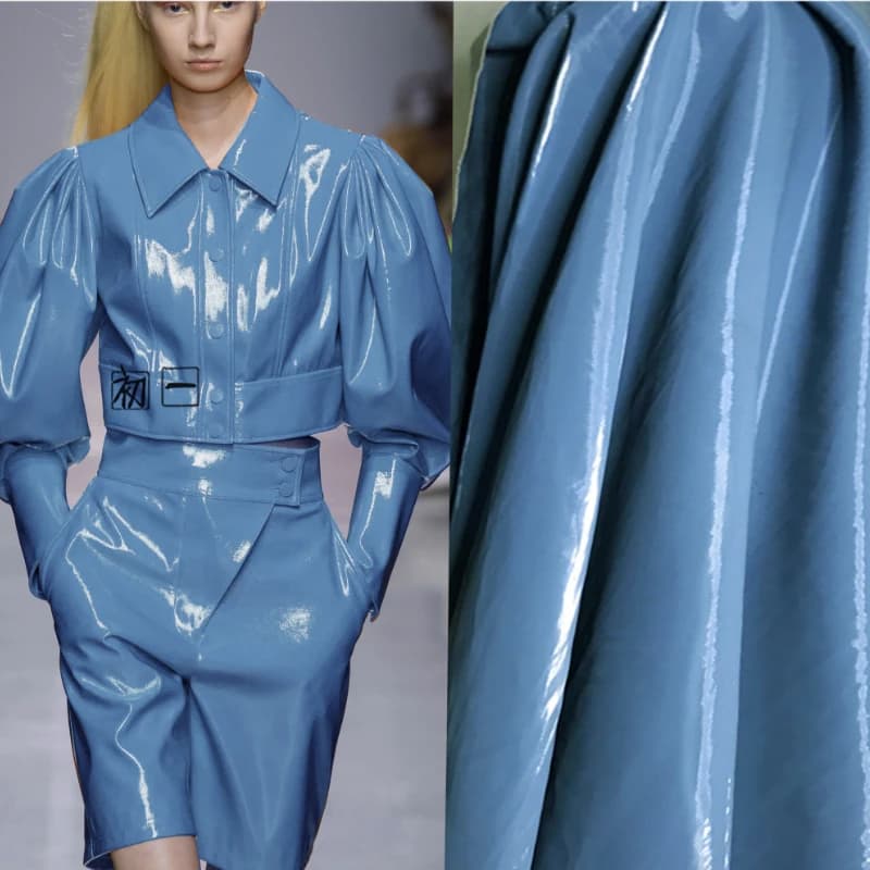 Giacca in tessuto di pelle PU lavato con rivestimento luminoso blu cielo, pantaloni, designer di abbigliamento per materiale da cucito fai da te, tessuto all'ingrosso di moda