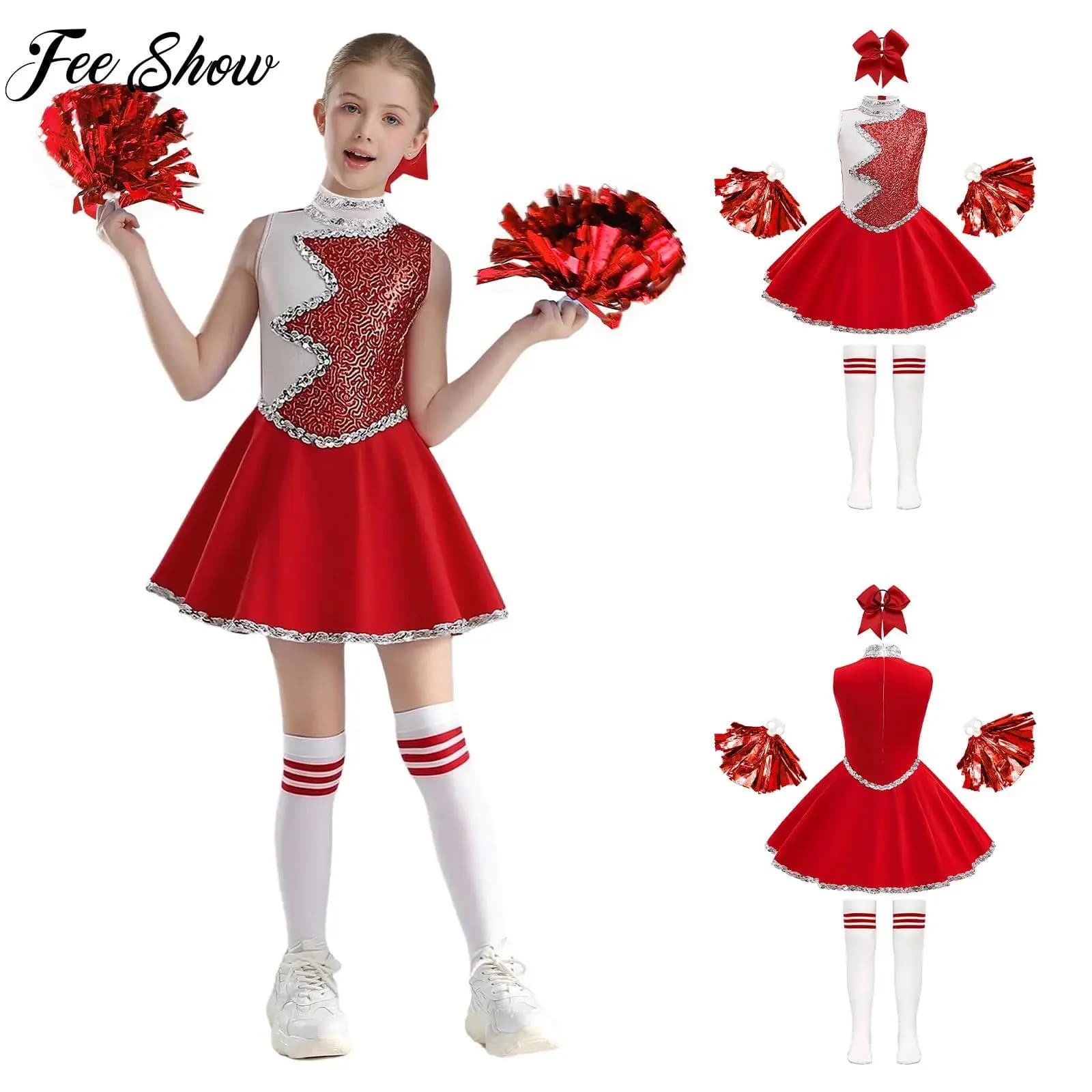Abiti da cheerleader per bambine, senza maniche, con cerniera, paillettes luccicanti, vestito con copricapo, pompon e calzini