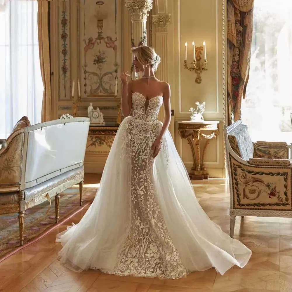 Customized Belle Detachable Train Mermaid Wedding Dress Sexy Sweetheart Robe Lace Appliqu Glitter Pearls Vestido Bridal Gown