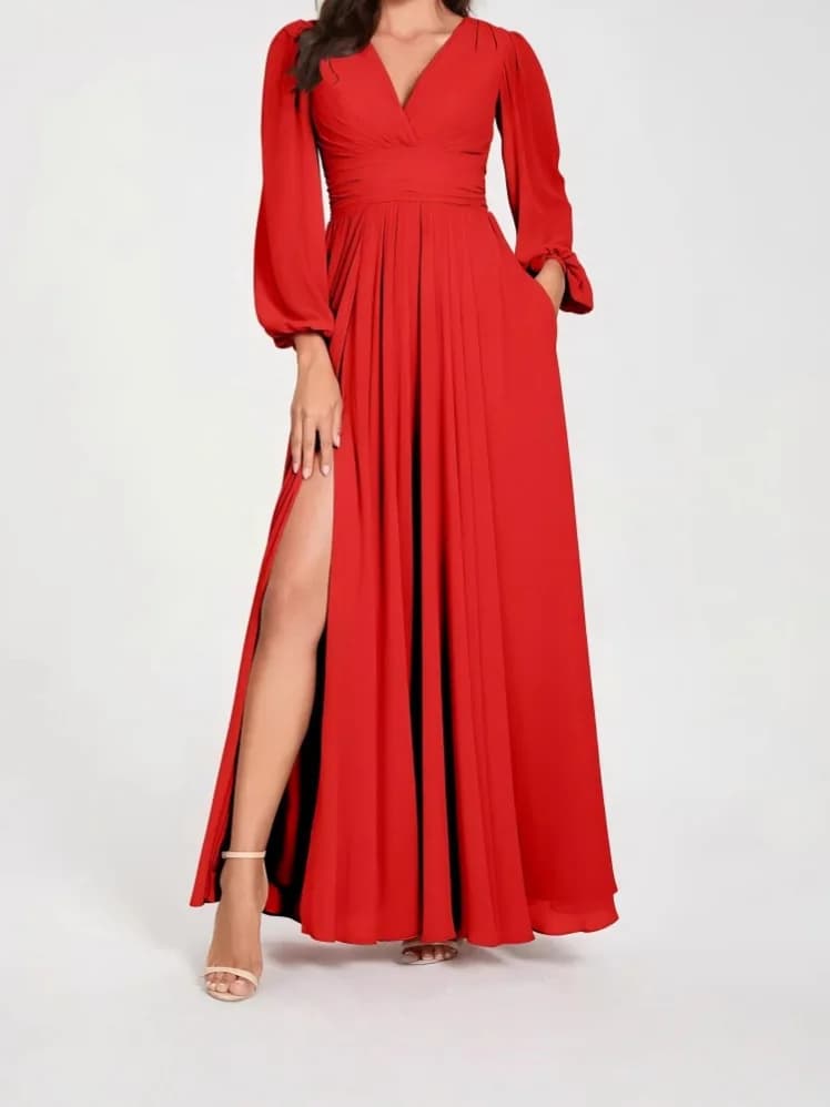Abito sofisticato Abito asimmetrico con scollatura profonda Abito elegante plissettato voluminoso Abiti romantici lunghi fino al pavimento in chiffon