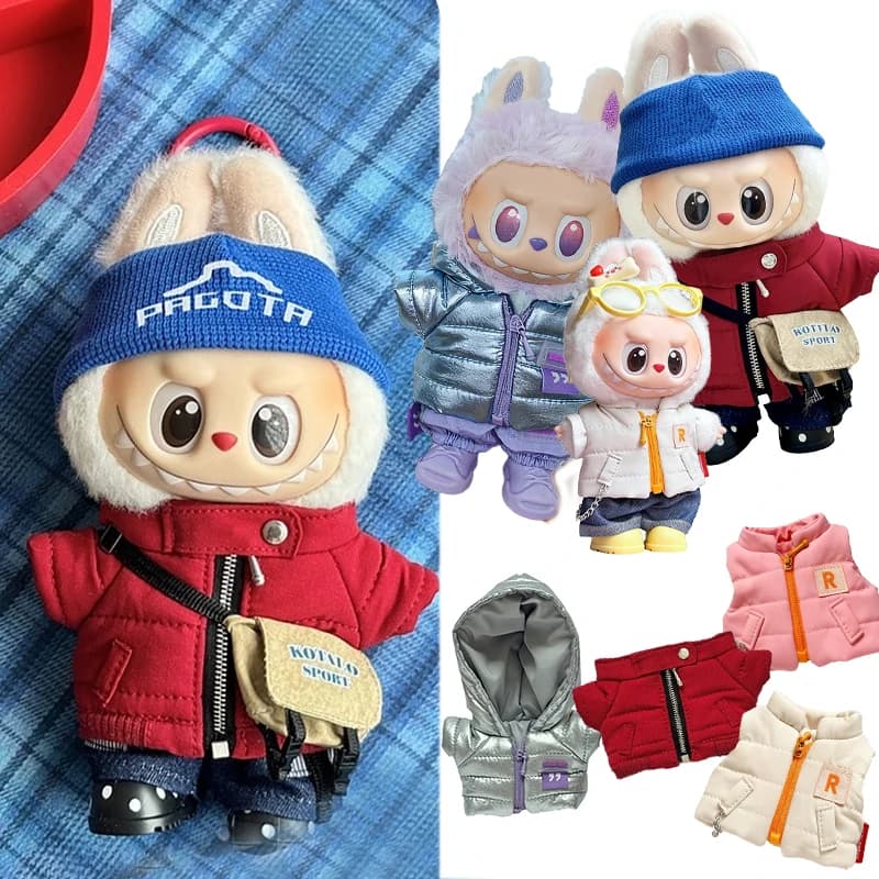 Per 15 17 cm Labubu Doll Piumino invernale con scarpe jeans Completo completo Abbigliamento Piumini Laser Abbigliamento da sci Abbigliamento moda