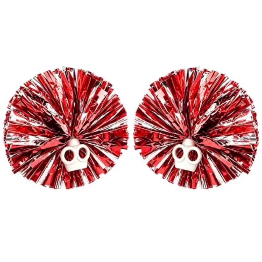 Cheer Pom Poms Red Silver 2 Pack - Metallic Foil Poms with Ring Handles, Lightweight 2 Inch Cheerleading Accessories for Girls,