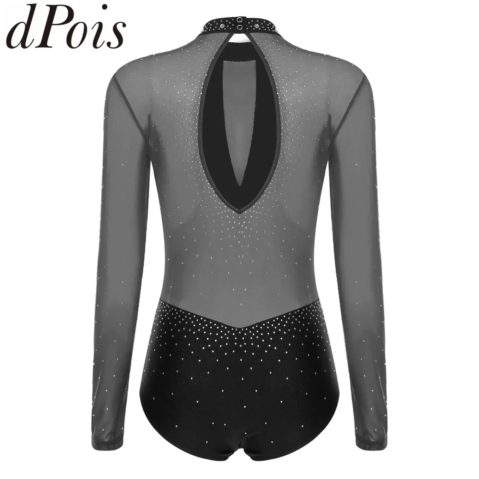 Donne Ginnastica Pattinaggio di Figura Body Danza Tuta Atletica Manica Lunga Sheer Mesh Patchwork Strass Tuta Dancewear