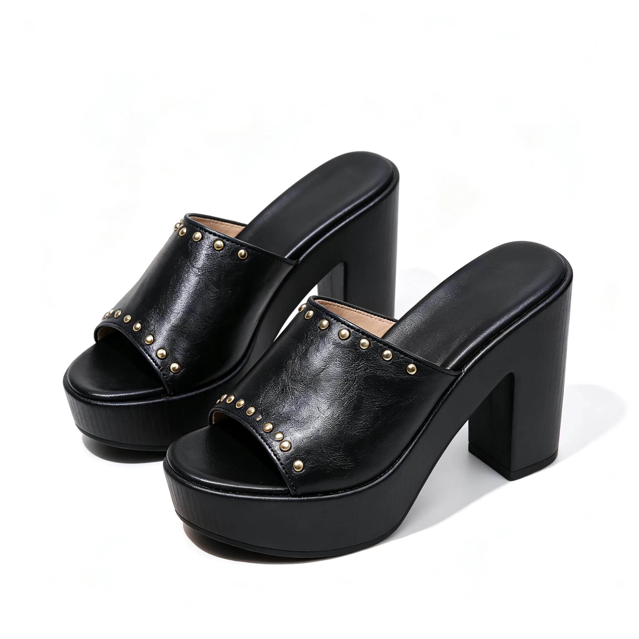 Women PU Leather Platform Mules 12cm Chunky High Heels Open Toe Rivet Slip On Sandals Fashion Summer Party Shoes