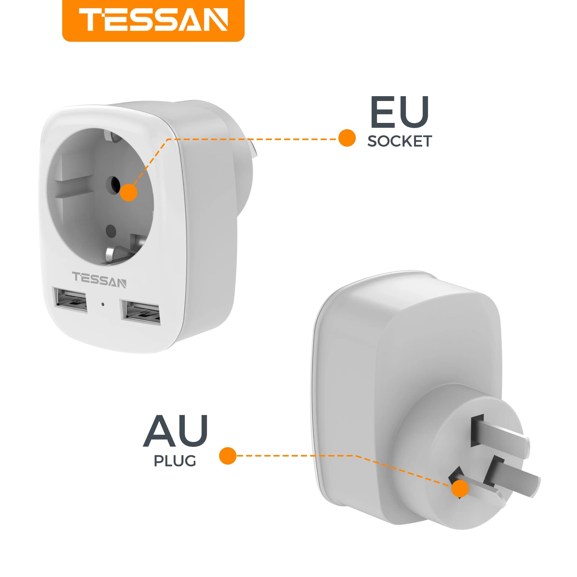 Adattatore da viaggio TESSAN da UE ad AU, da Francia e Spagna all'Australia e Cina, adattatore da viaggio portatile con 2 porte USB A