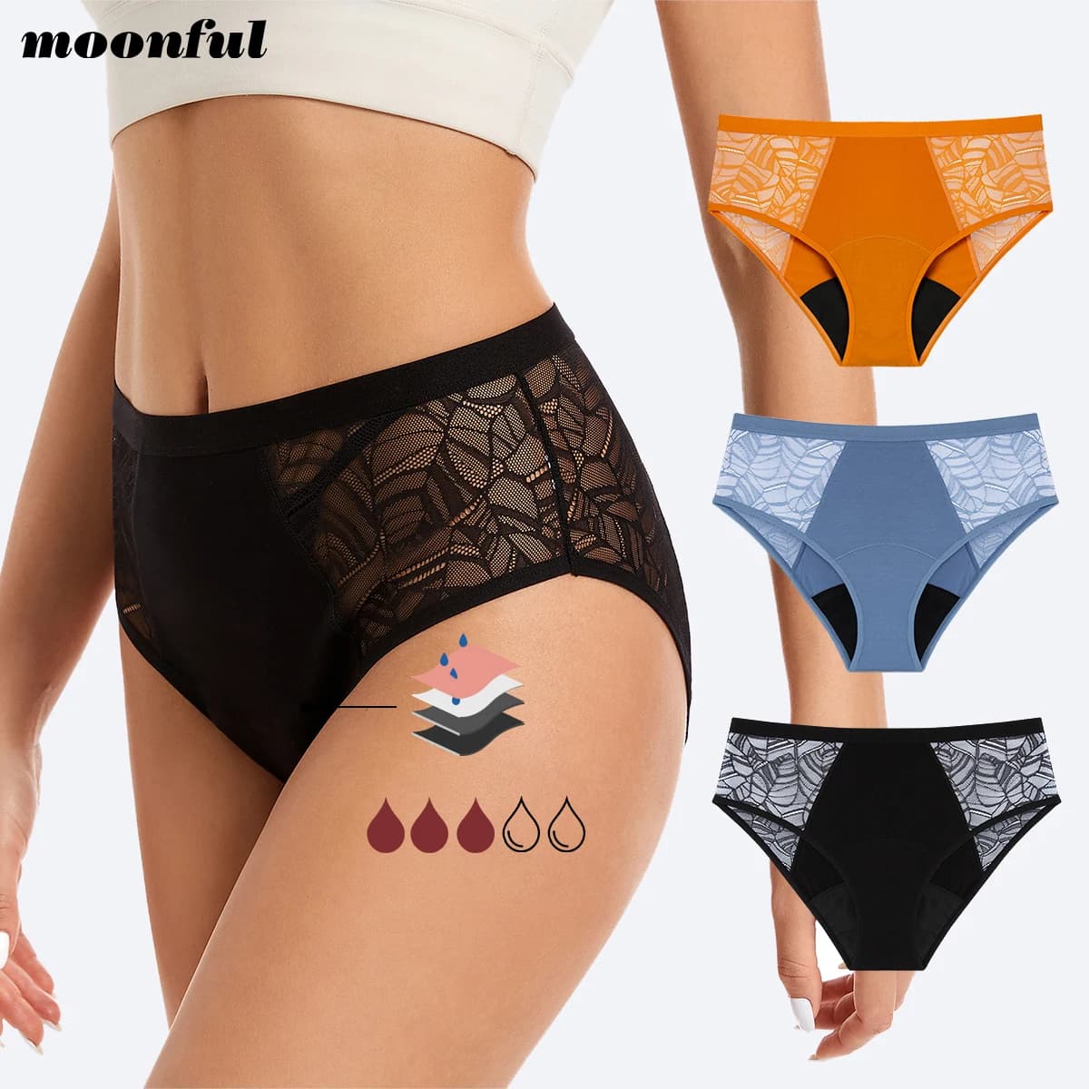 Moonful Mutandine Mestruali da Donna a Vita Alta a Prova di Perdite 4 Strati Traspirante in Pizzo Biancheria Intima per Ragazze Slip Assorbente