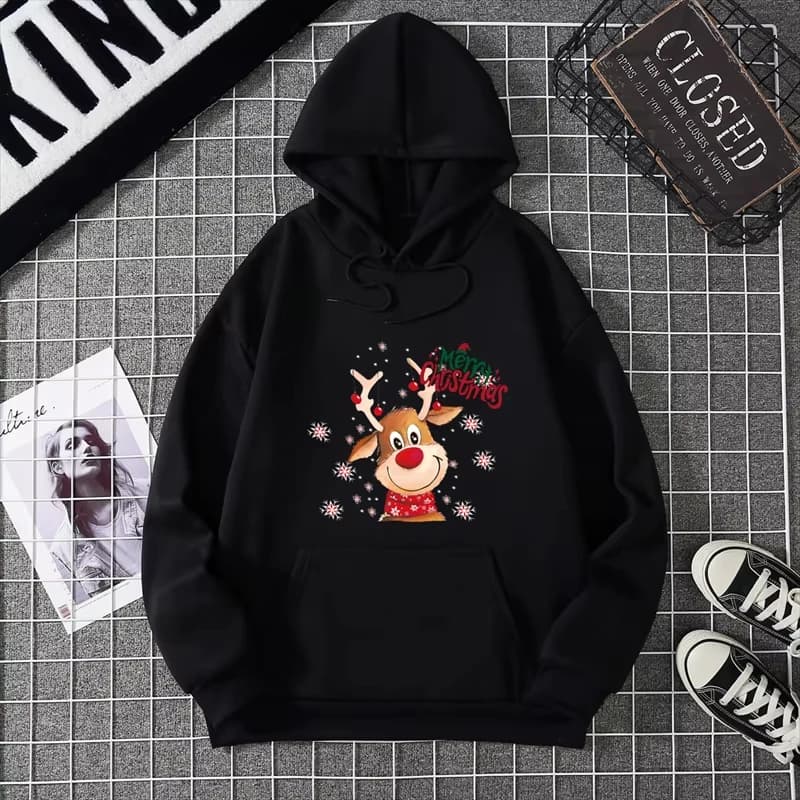Nuove Felpe con Cappuccio Natalizie con Stampa di Cervi, Moda Streetwear per Uomo e Donna, Felpe Harajuku, Pullover Unisex, Abbigliamento