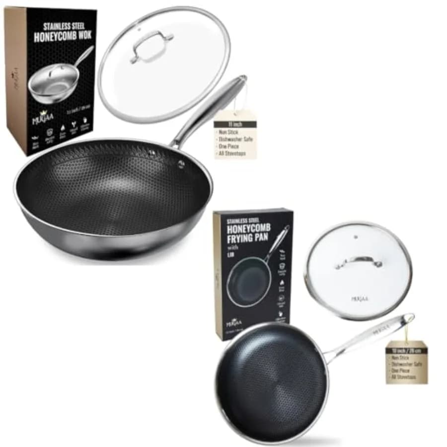 Kitchen wok and frying pan set: stainless steel nonstick tri-ply honeycomb hybrid 11-inch with lid + 10-inch with lid premium c