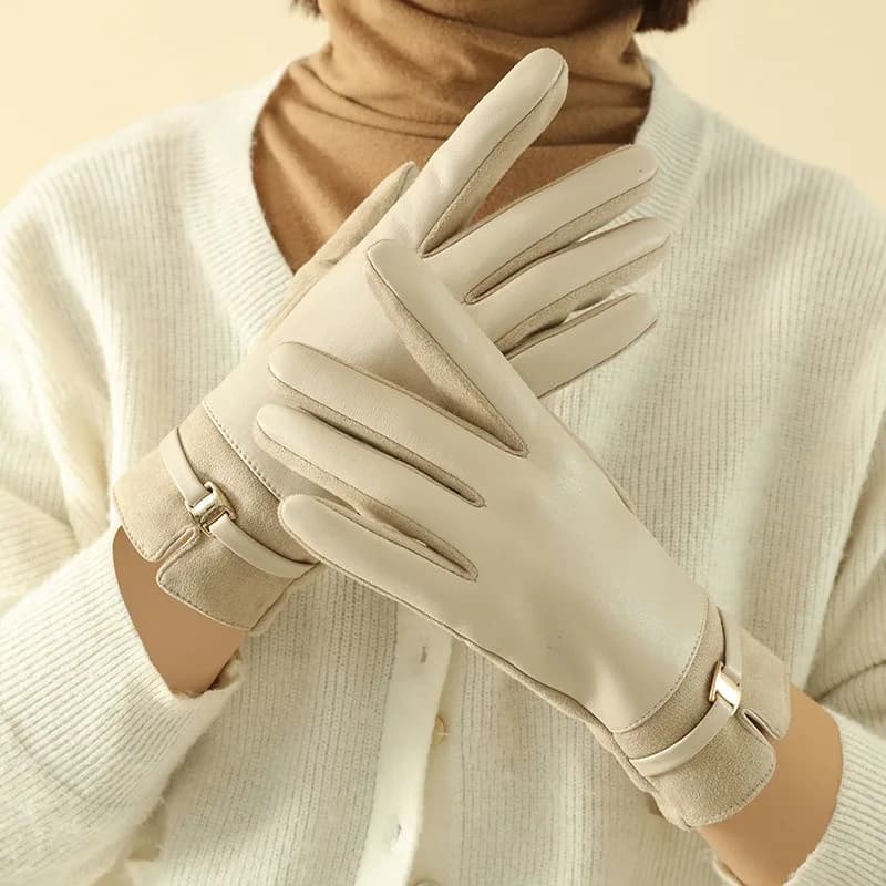 Guanti da donna in pelle scamosciata invernale per tenere al caldo il touch screen Guanti eleganti alla moda da ciclismo Antivento Fibbia in metallo leggermente impermeabile
