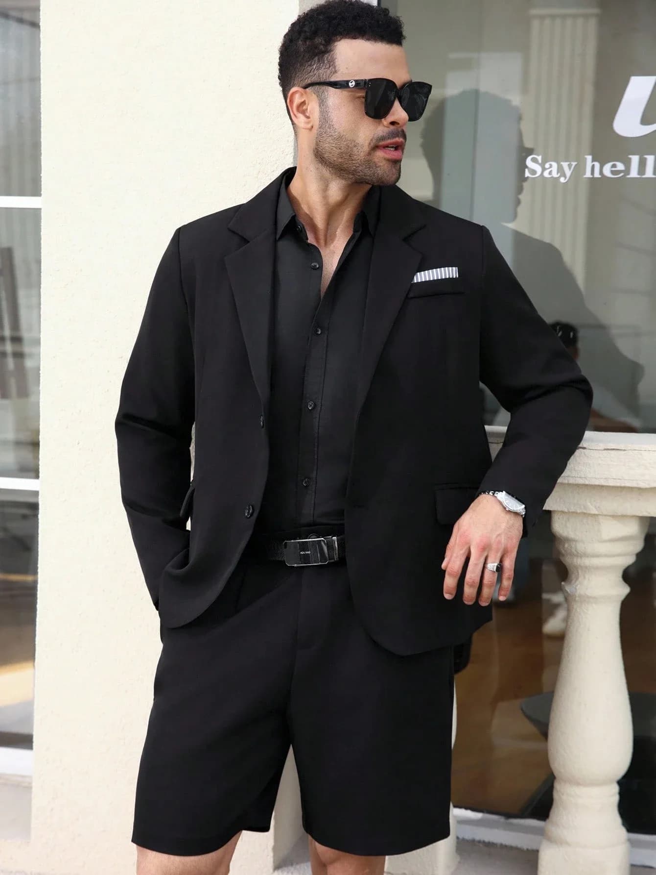 Completo da uomo 2 pezzi, giacca blazer casual nera e pantaloncini corti