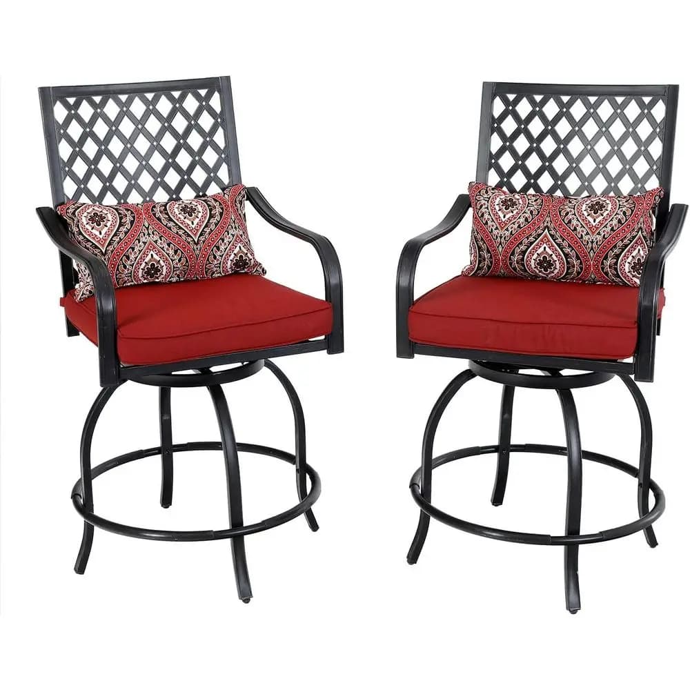 Red padded outdoor bar stools, set of 2, bench height garden chairs, wide with armrests and backrest, antique craft finish (C