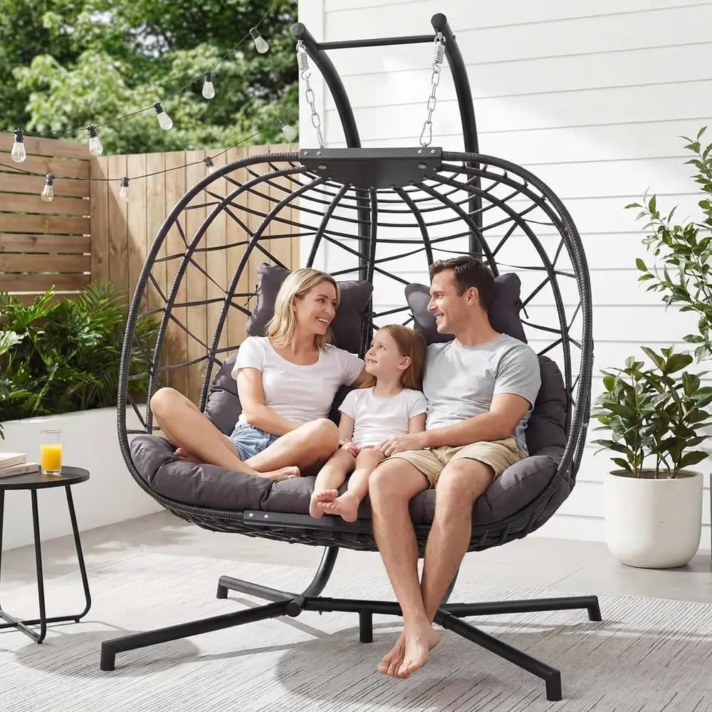 Oversized Double Egg Swing Chair with Stand, 2-Person Indoor-Outdoor Hanging Hammock Chair with Cushion, Wide and Comfortable Lo