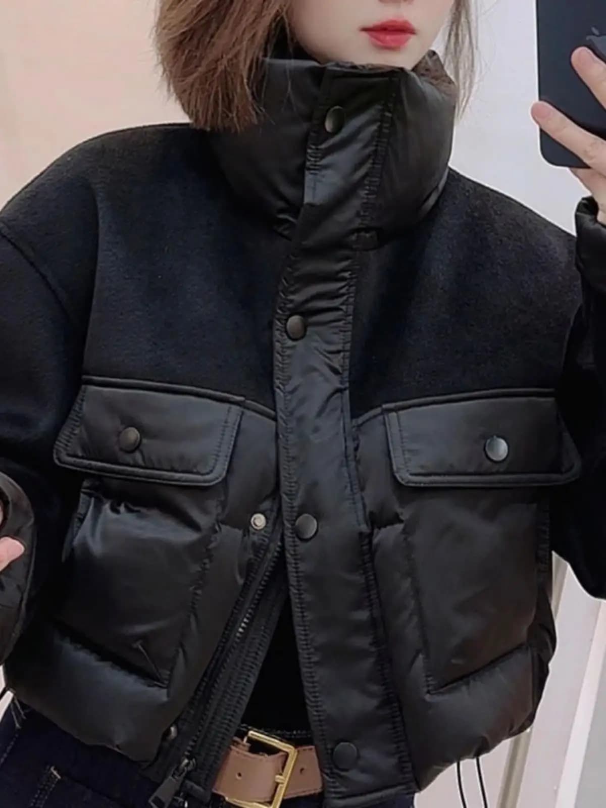Warm Short Padded Jacket Women's Korean Style Cotton Coat Stand Collar Patchwork Winter Outerwear Thickened Zipper Closure