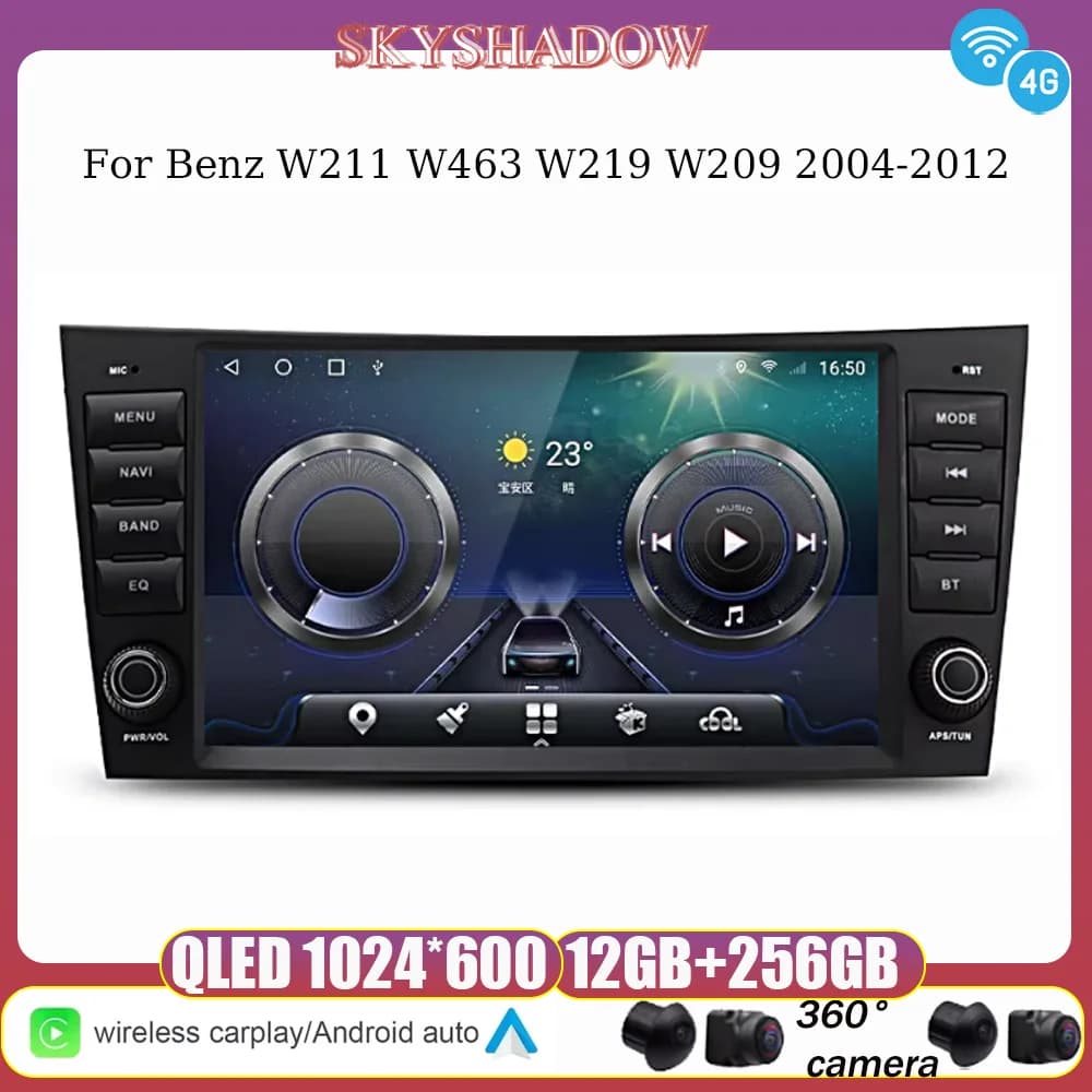360 12G + 256G 4G IPS Carplay Auto Android 14.0 8 "Plettore DVD per auto GPS WIFI Bluetooth Radio per Benz W211 W463 W219 W209 2004-2012