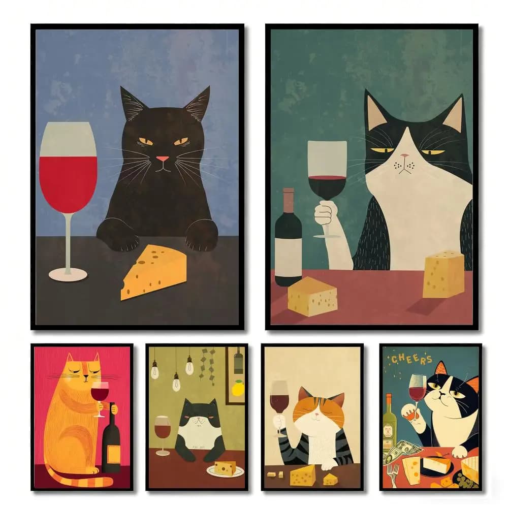 French retro Elegant Cat Painting Calligraphy Canvas HD Print Aesthetic Posters For Home Room Cafe Club Dorm Wall Decor