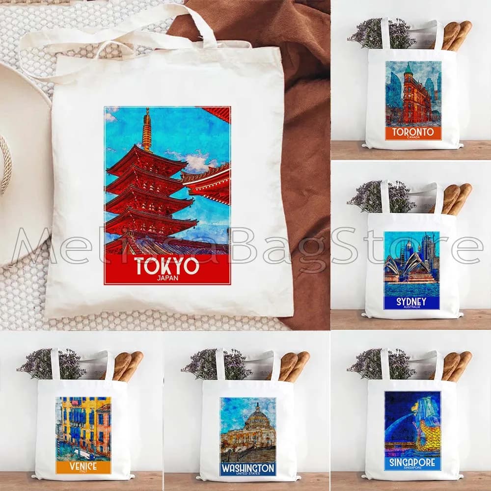 Seville Sofia Stockholm Sydney Tokyo Toronto Venice Warsaw Turin Tallinn Ink Watercolor Painting Canvas Tote Bag Shopper Handbag