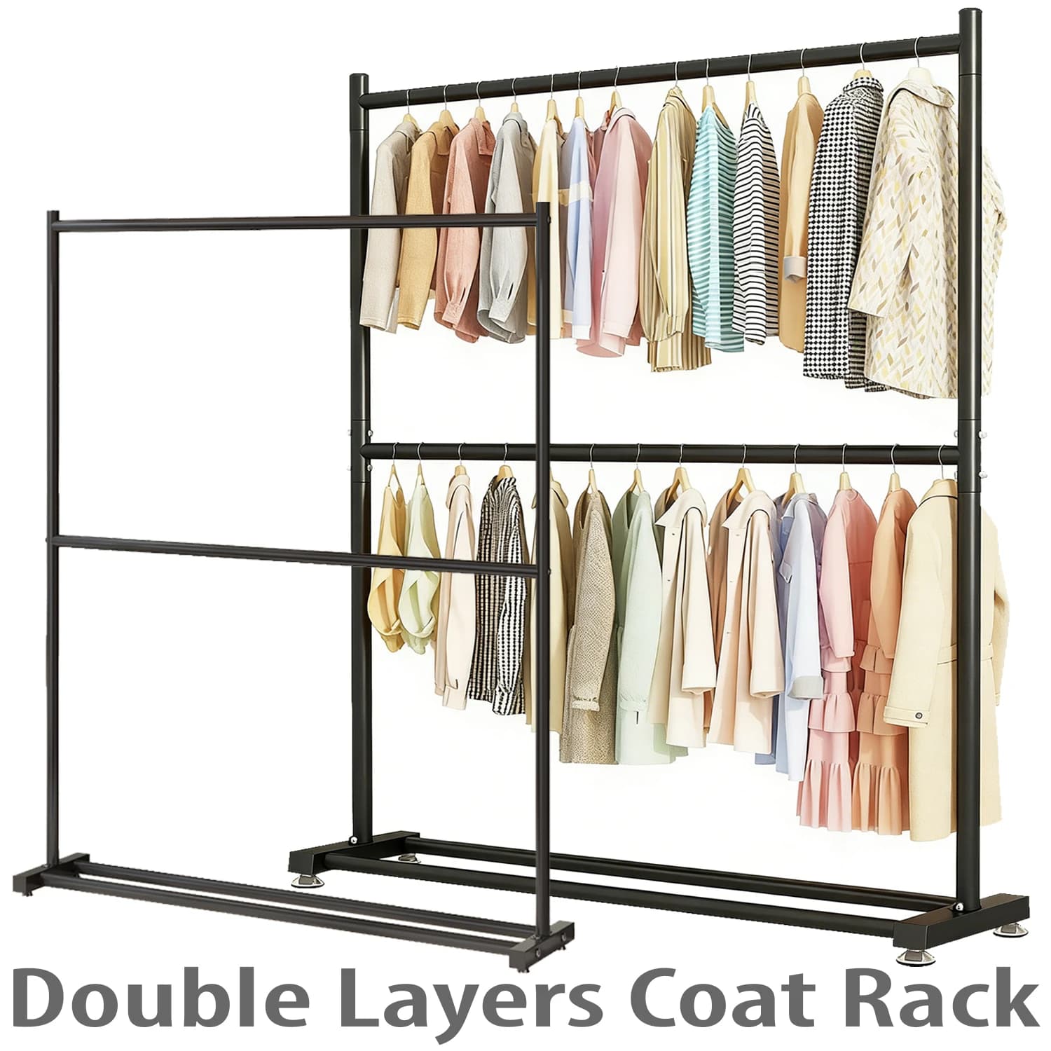 Double layer floor hanger for bedroom, modern organizer for home clothes with multifunctional shelves