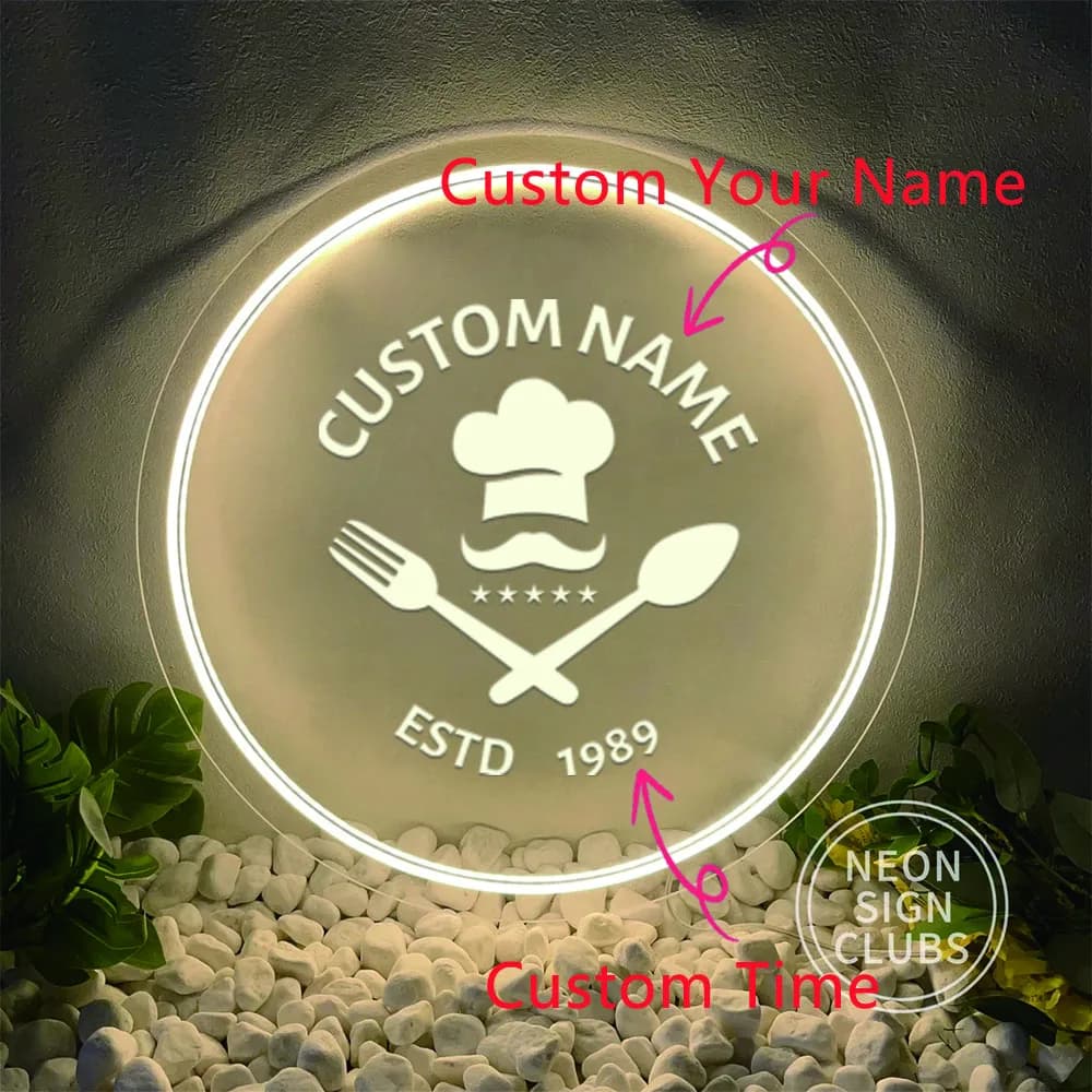 1PC forma rotonda ristorante in noce a cinque stelle testo personalizzato alimentazione USB luce notturna al neon bordo acrilico per l'arredamento del salone di bellezza Gi