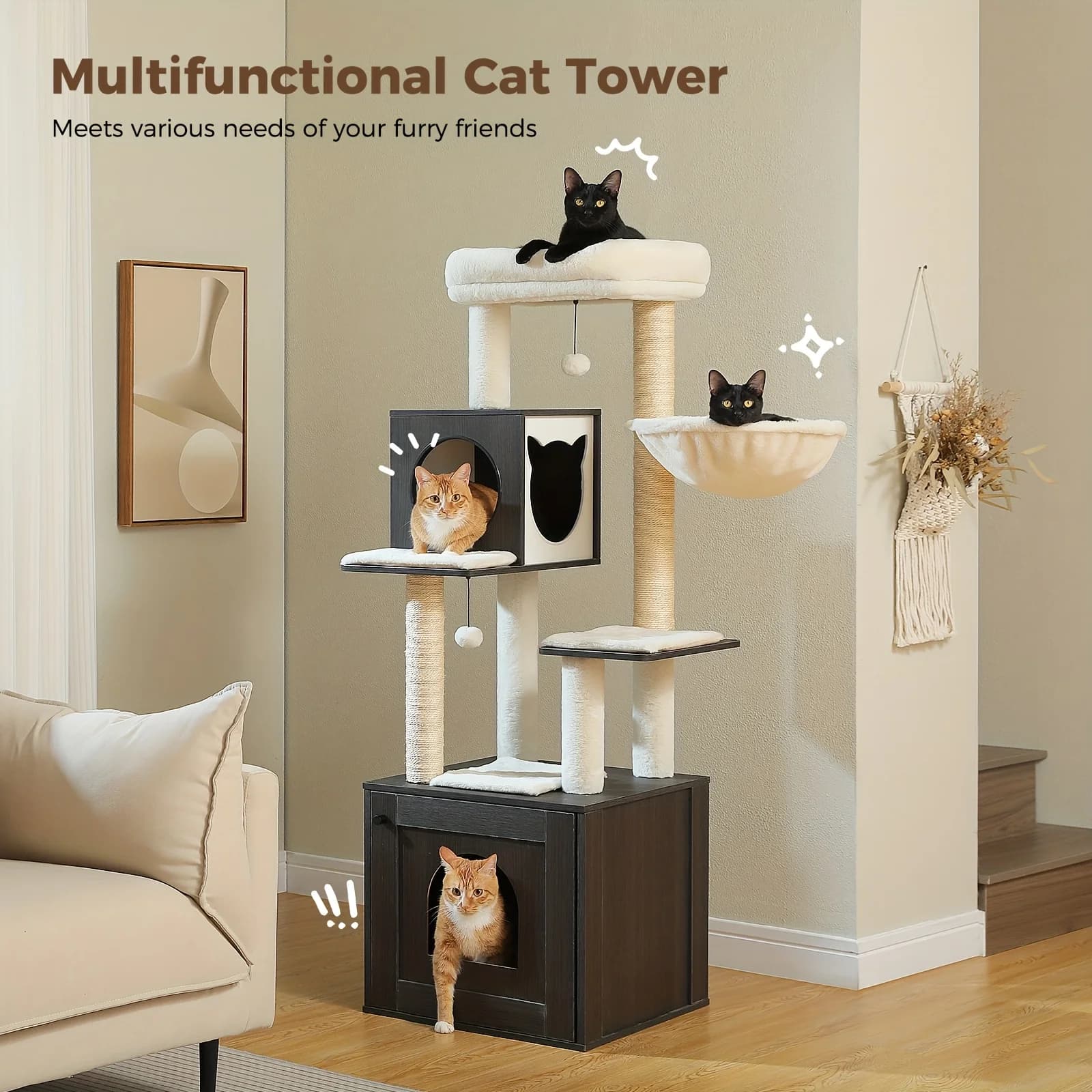 Tiragraffi per Gatti Grande con Box Lettiera Integrato, Torre per Gatti da Interno in Legno con Armadietto Contenitore e Cuccia Accogliente, Tiragraffi Rivestito in Sisal e Palline Pendenti, Beige, Nero, Marrone, Grigio