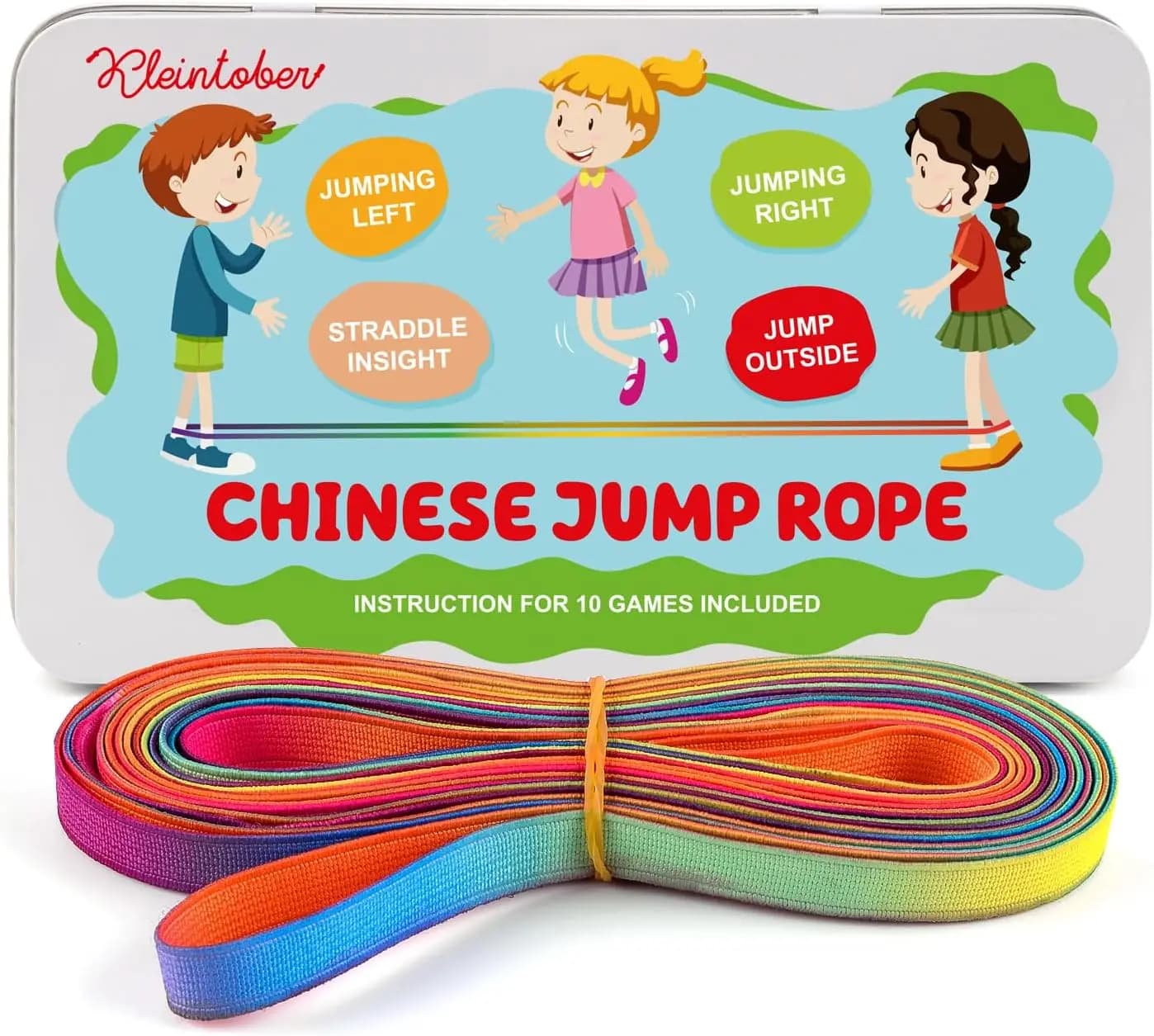 Corda per Saltare Cinese con 10 Giochi, Elastico in Gomma per Bambini, Gioco per Interni ed Esterni