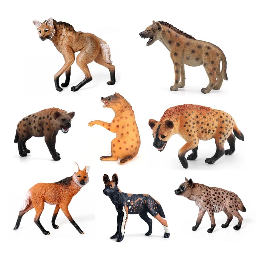 Iena della fauna selvatica in plastica realistica, lupo gestito, giocattolo per cani selvaggi africani, statuetta dipinta a mano per la raccolta di oggetti educativi scientifici