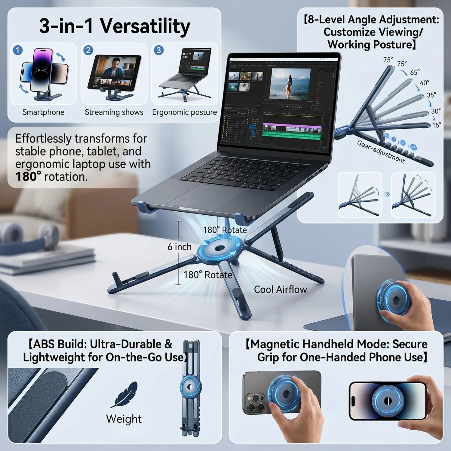 Multifunctional Plastic Magnetic Stand Foldable Rotating Portable Desktop Holder for Mobile Phone Tablet & Laptop