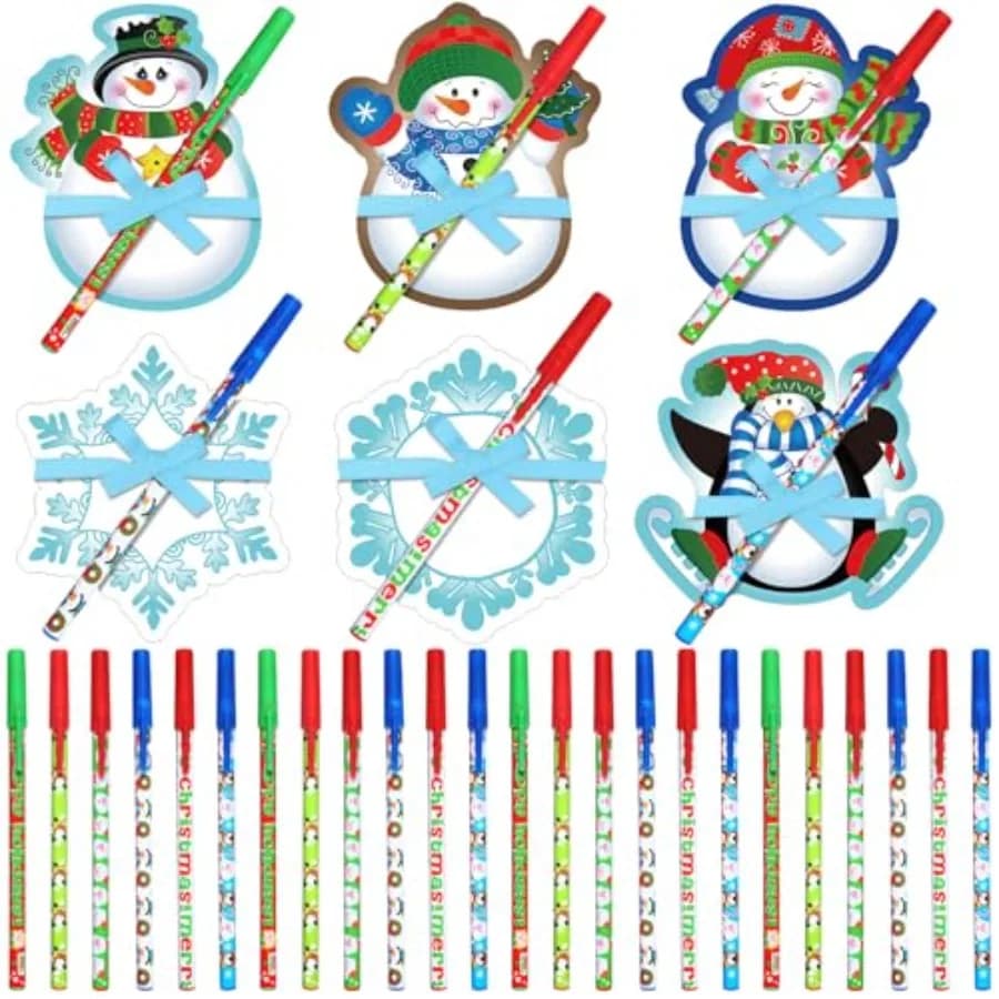 72 Pcs Christmas Notepads with Pens Winter Sticky Notes Ballpoint Pens with Ribbons Snowman Snowflake Mini Pocket Memo Pads for