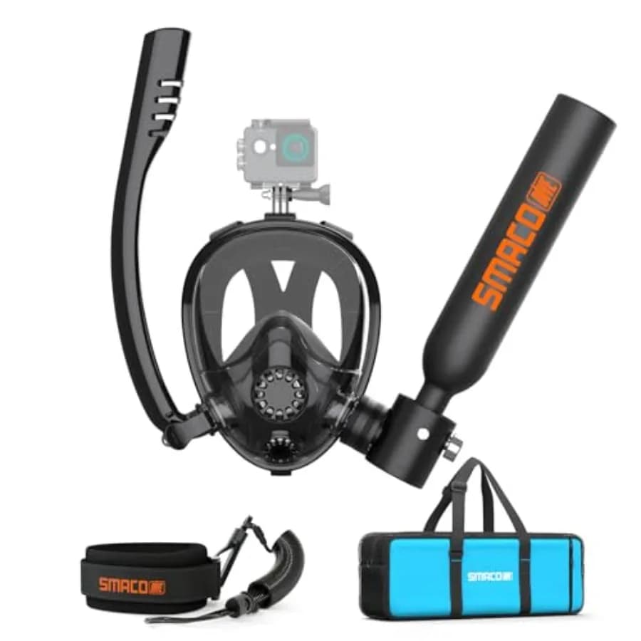 Bombola subacquea mini in alluminio da 0,5L con maschera snorkel integrale nera, riutilizzabile e portatile, per soccorso d'emergenza in acque poco profonde.