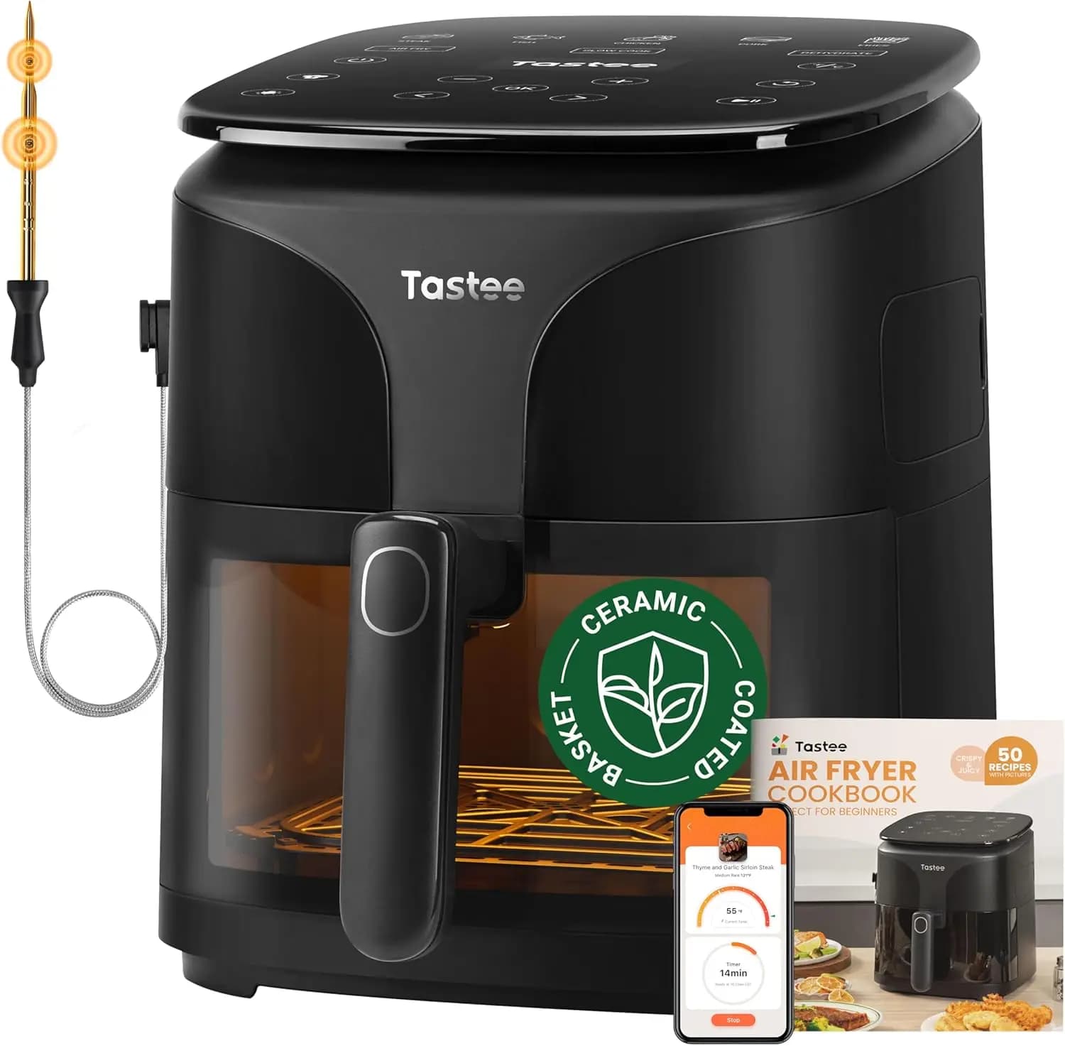 Friggitrice ad aria in ceramica, friggitrice ad aria compatta 8 in 1 da 5,5 QT, 450 ° Friggitrice ad Aria Digitale con Sonda Intelligente, 24 Programmi Preimpostati, Controllo One-Touch