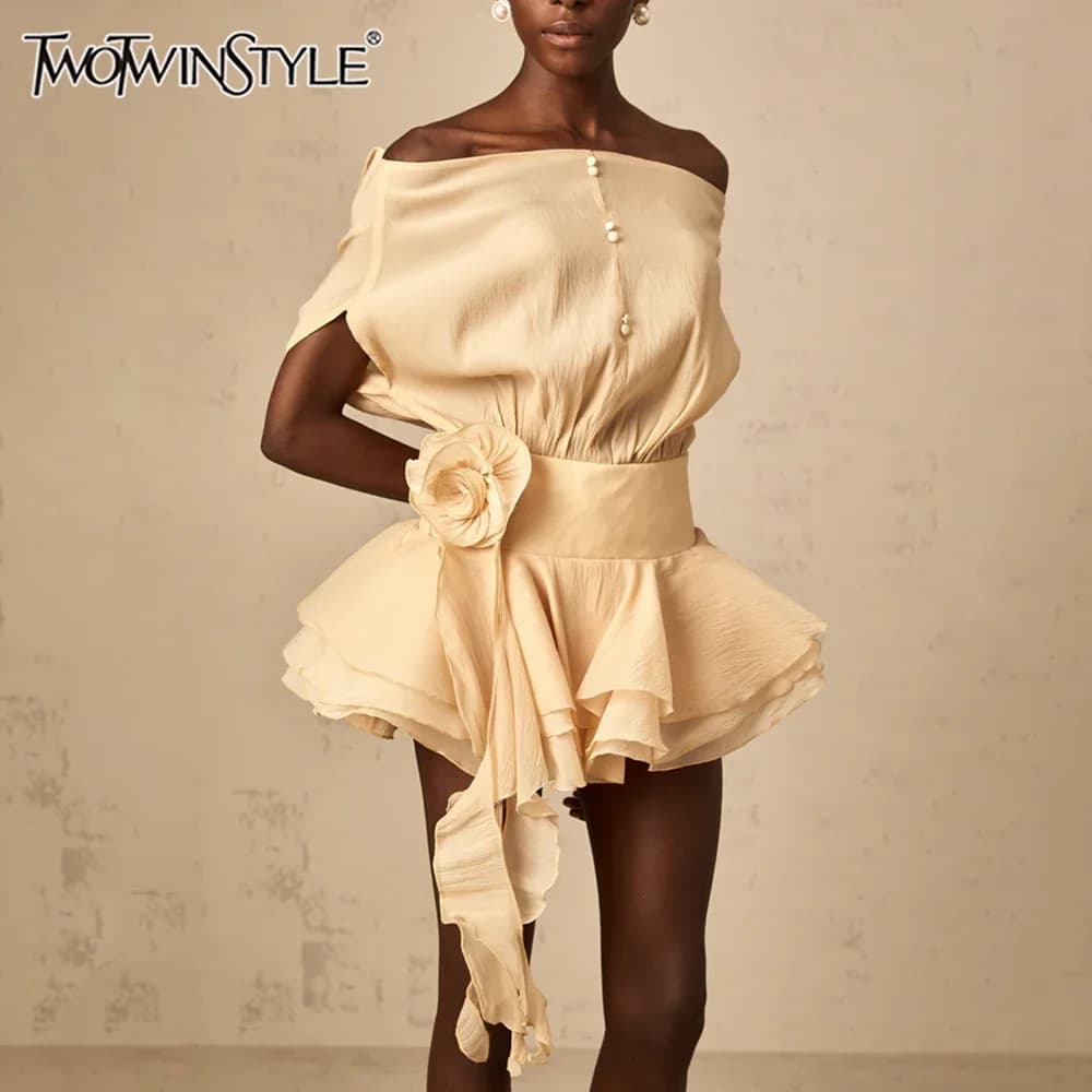 TWOTWINSTYLE Solid Loose Spliced Ruffles Mini Dresses for Women Slash Neck Sleeveless Patchwork 3D Flower Dress Female Clothing