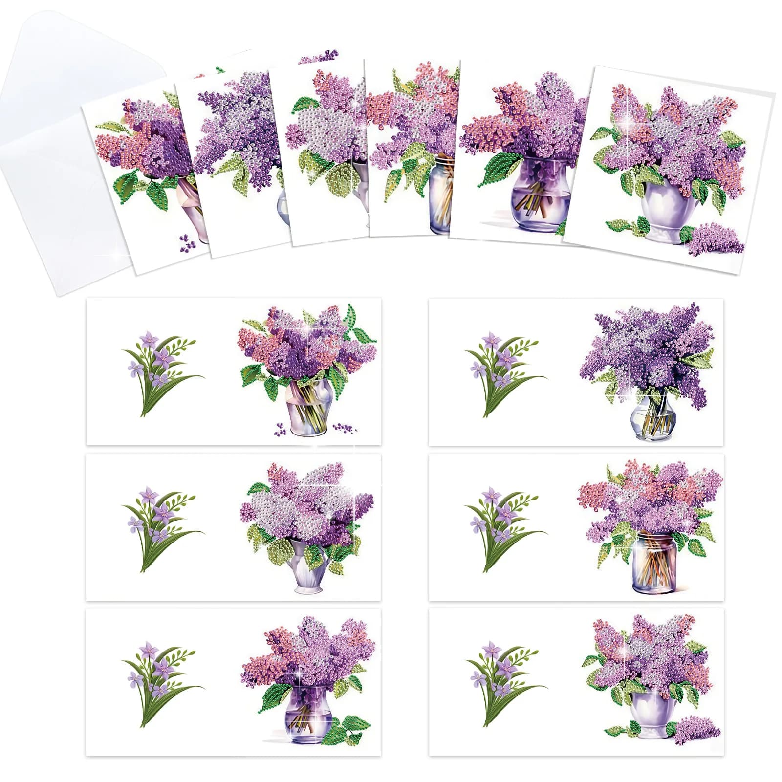 Kit di biglietti d'auguri con pittura artistica con diamanti da 6 pezzi, biglietti d'auguri con fiori viola con buste Regalo di biglietti di compleanno con artigianato d'arte con diamanti